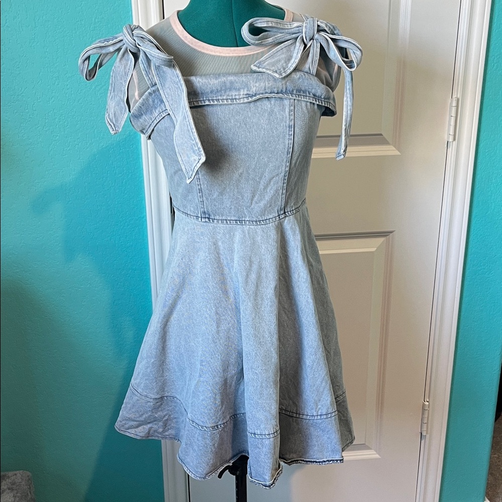 Light Blue Denim Dress with Bow Straps